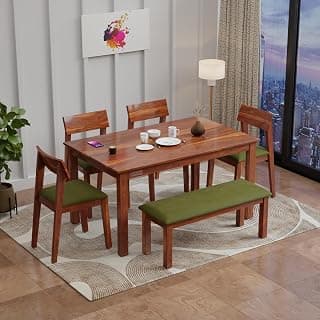 DRIFTINGWOOD Liana 6-Seater Dining Table Set � Sheesham Wood Natural Honey Finish with Table, 4 Cushioned Chairs & Bench - Ideal for Kitchen & Living Room - Assembly Required