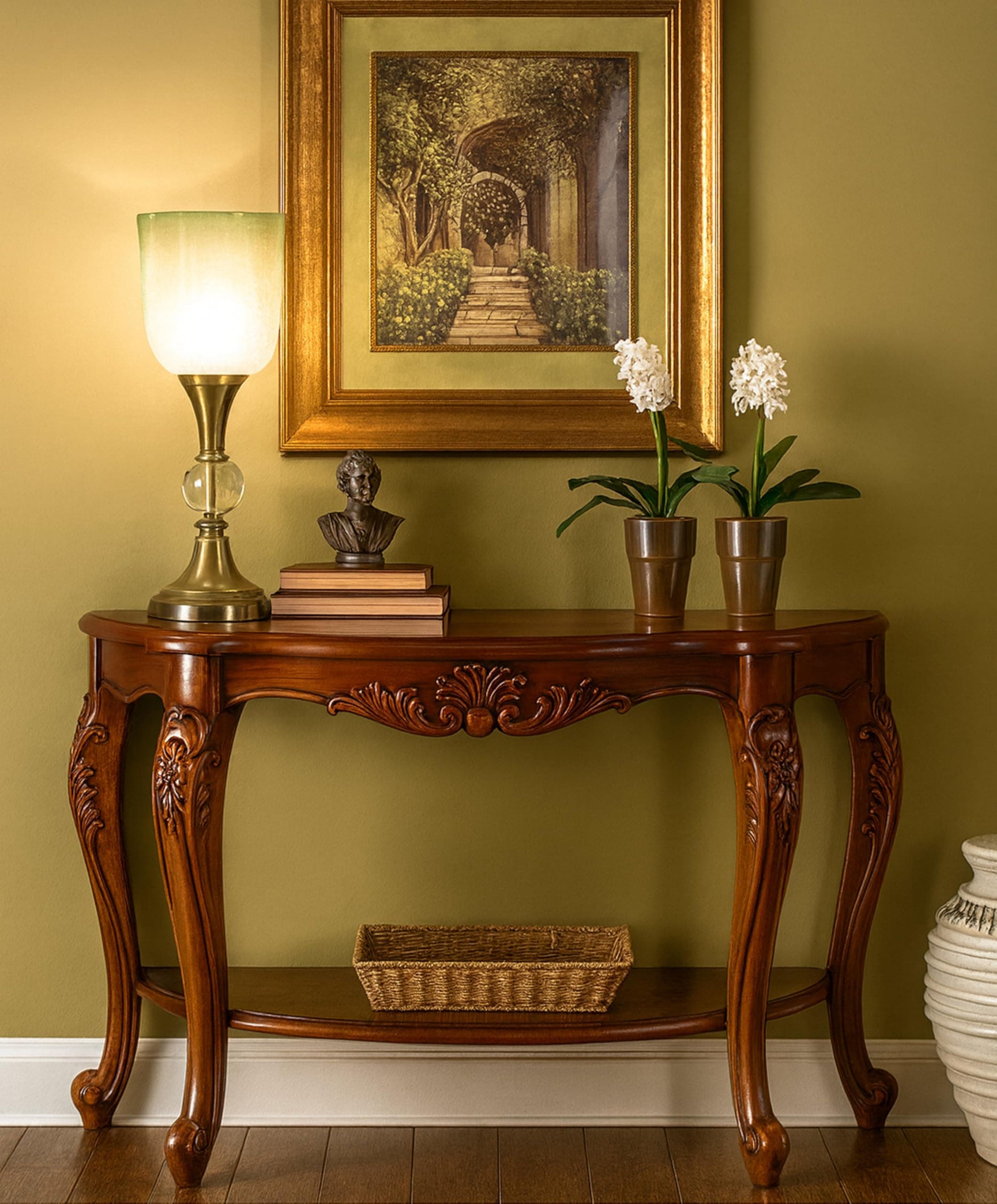 Jangid Handicraft Solid Sheesham Wood Half Round Console Table for Living Room | Wooden Entryway Hallway Sofa & Fish Tank Table | Curved Side Table | Brown Finish