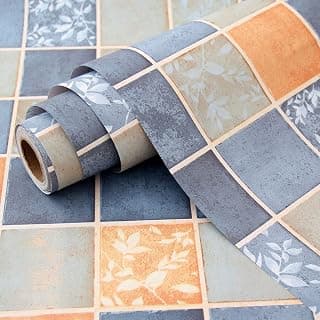 wolpin Kitchen Wallpaper Wall Sticker (45 x 300 CM, Blue & Orange) | Kitchen Tiles Pattern | DIY Wall Stickers for Stove Backsplash Countertop | Self Adhesive PVC Vinyl Decorative Home Décor Roll