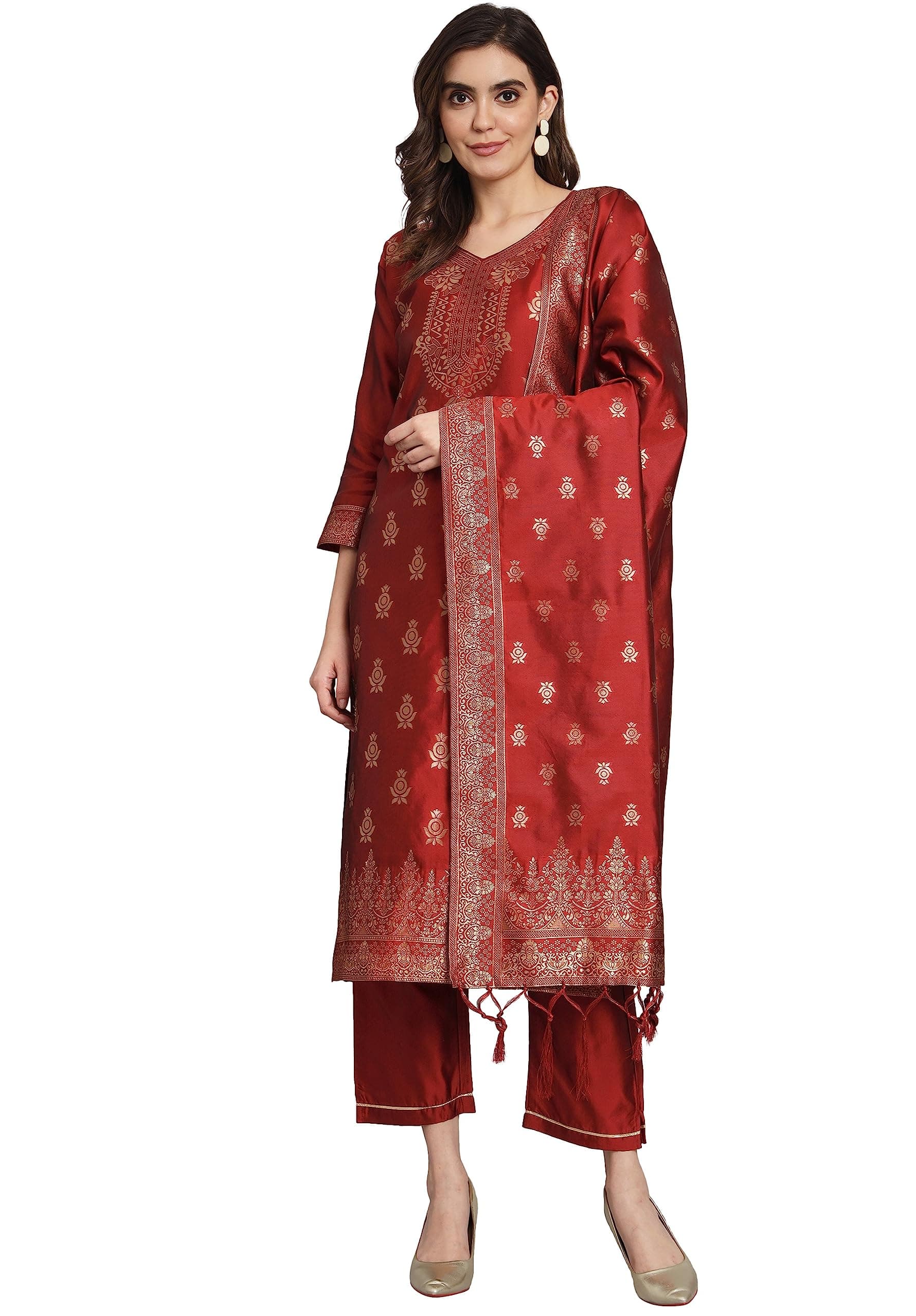 VredeVogel Women's Cotton Silk Jacquard Kurta Pant Set with Banarasi Silk Dupatta