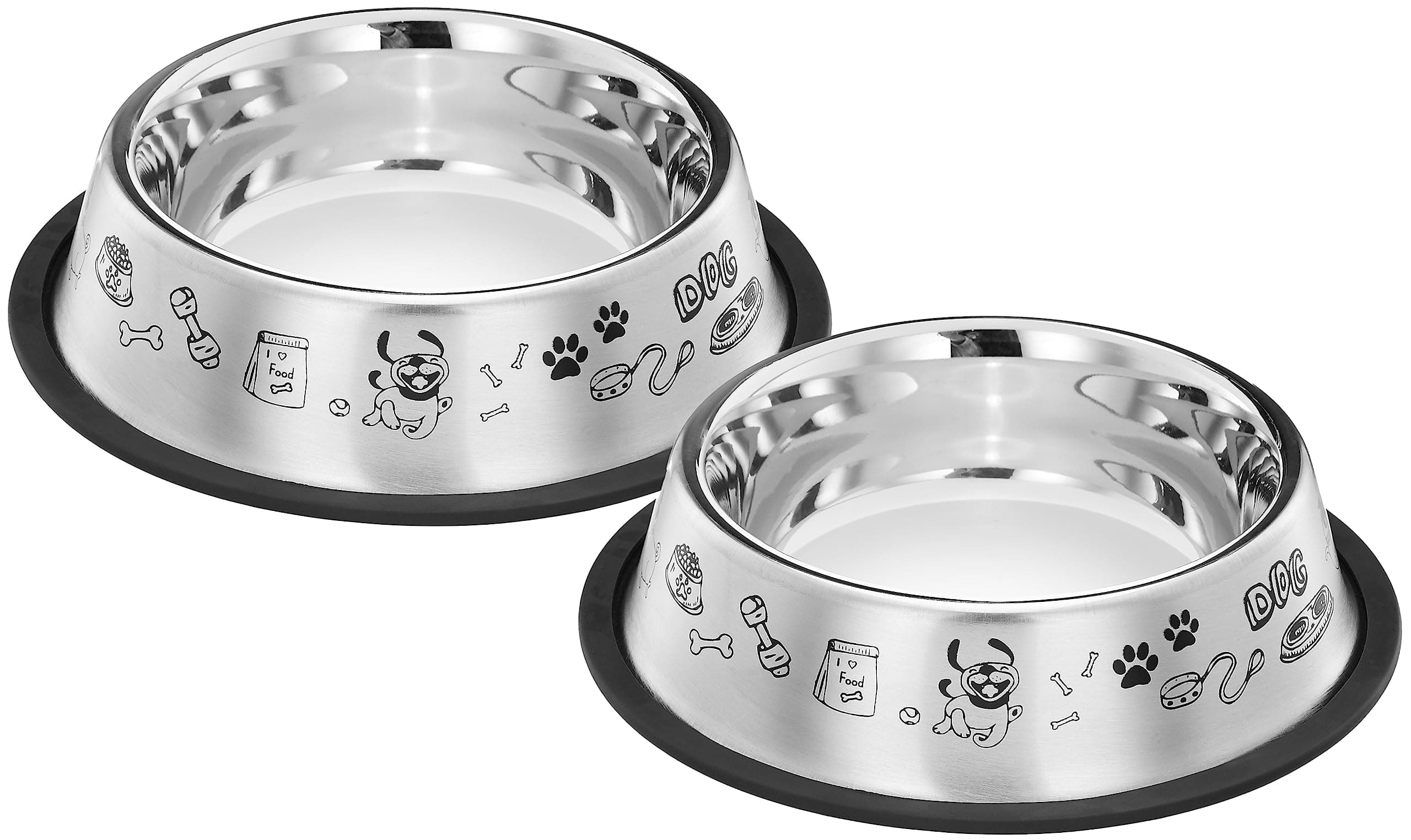 Amazon Basics Stainless Steel Printed Pet Bowl | 700 Ml x 2 | for Dogs and Cats | Dry Kibble, Wet Food, Water Bowl | No-Tip, Non Sliding Design | Dishwasher Safe, Medium, Small