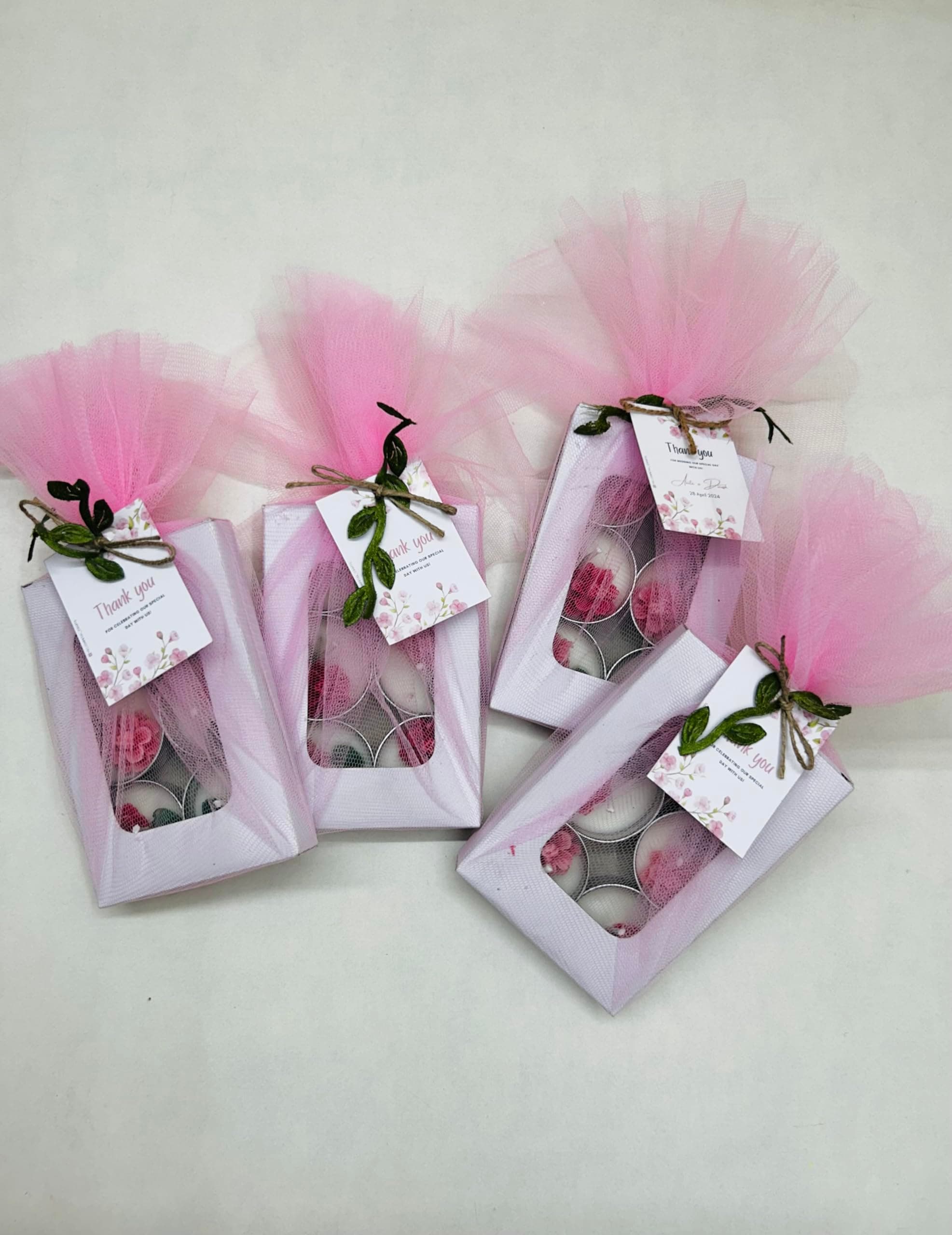 Yellow Petal Flower Tealight Candles Gift Set, Pack Of 6, Vanilla Scented, (Pink Colour) Packed In Net With Thank You Tag (4 Set), 7.5 x 11.5 cm