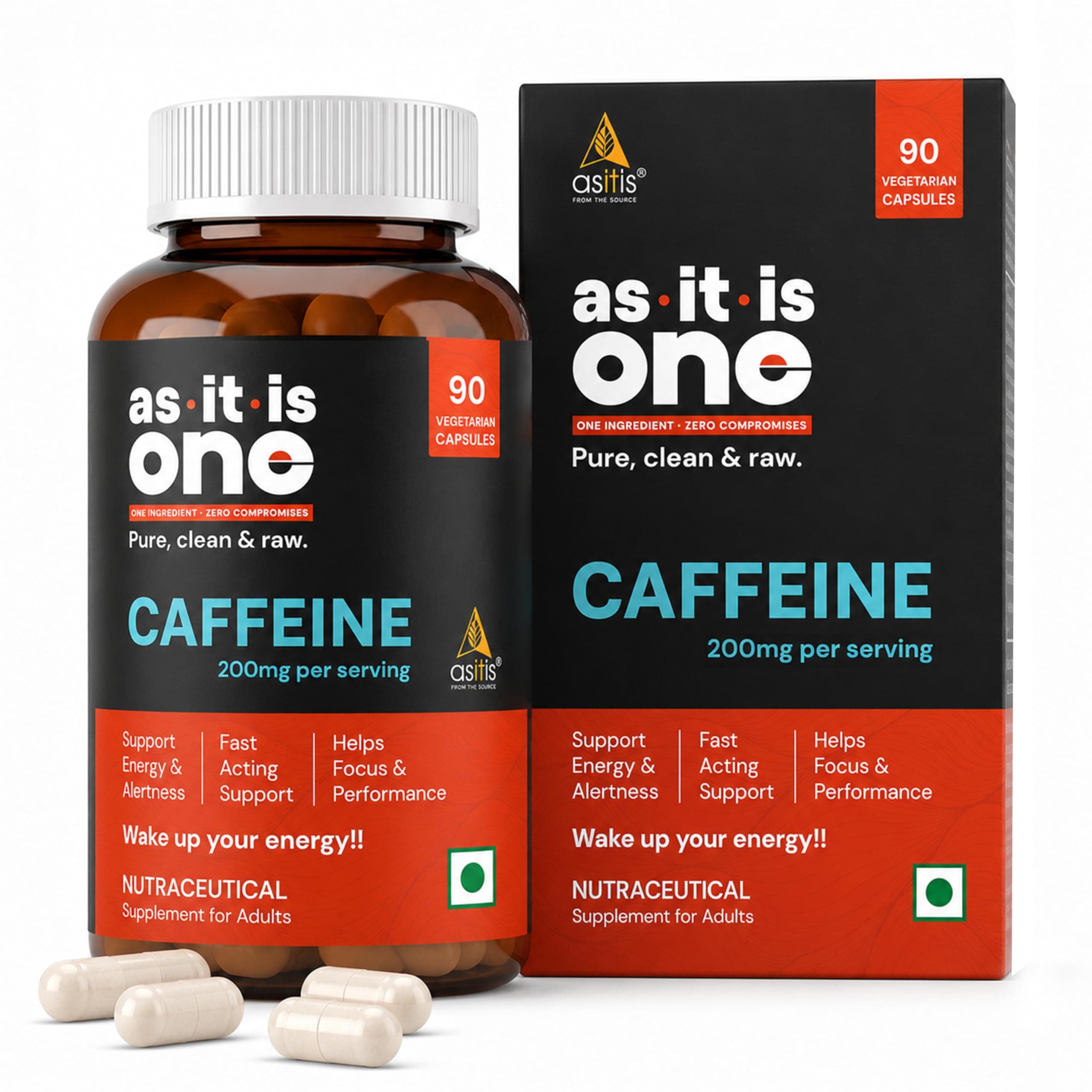 AS-IT-IS One Caffeine Capsules 200mg | Pre-Workout Supplement for Men & Women | Stimulant Support for Energy, Endurance & Focus – 90 Capsules