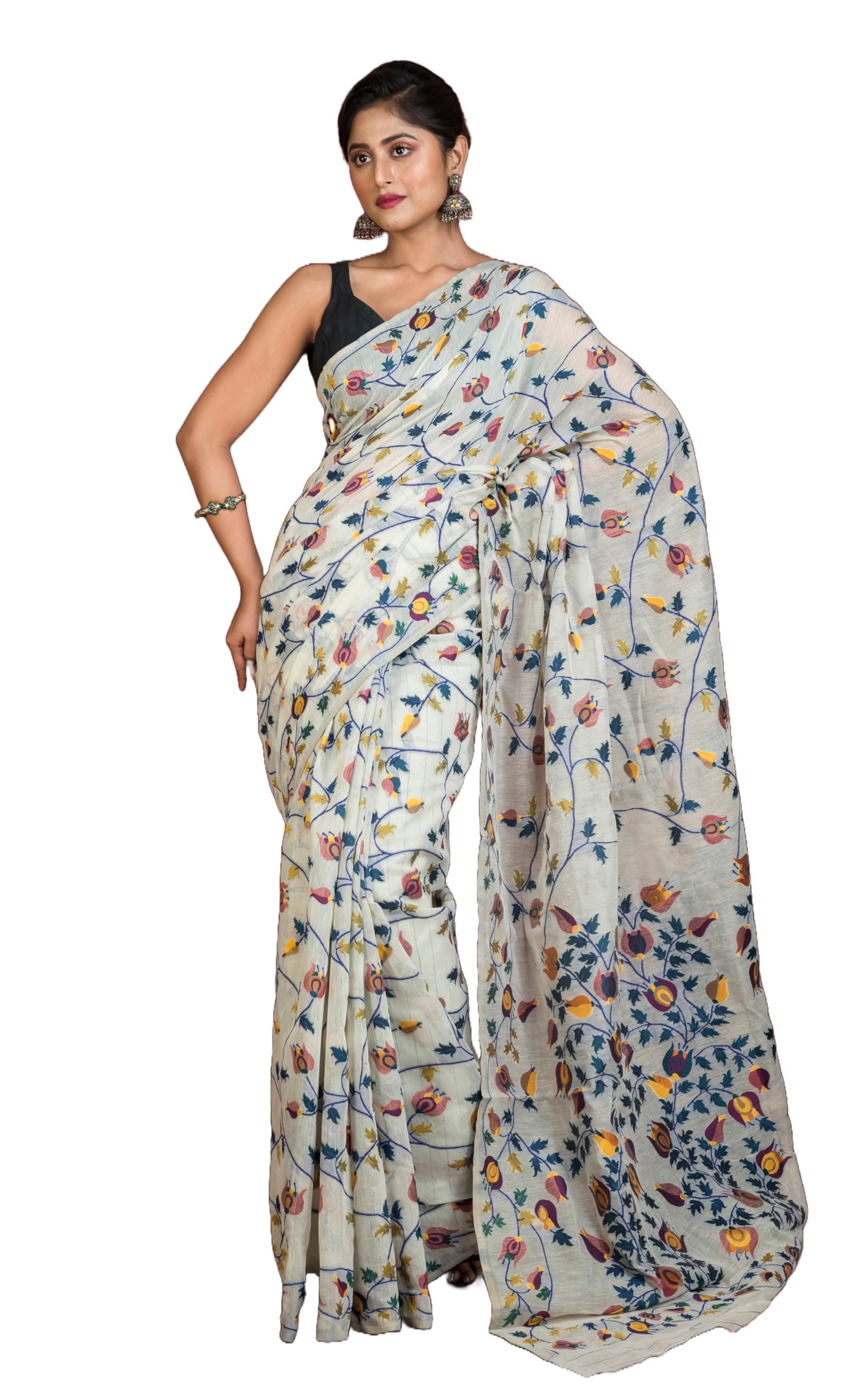 Bengal Looms India Women's Traditional Tantuja Inspired Soft Jamdani Saree with Blouse Piece | Handloom Bengali Ethnic Sari for Festive Wedding Office Party & Festivals