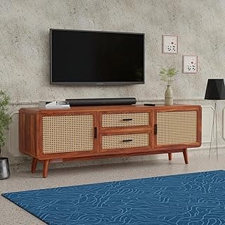 DRIFTINGWOOD Amber Solid Sheesham Wood Modern Rattan TV Console for Upto 65 Inch TV, Boho Entertainment Center with 4 Storage Compartments (2 Drawers, 2 Cabinets), Honey Finish