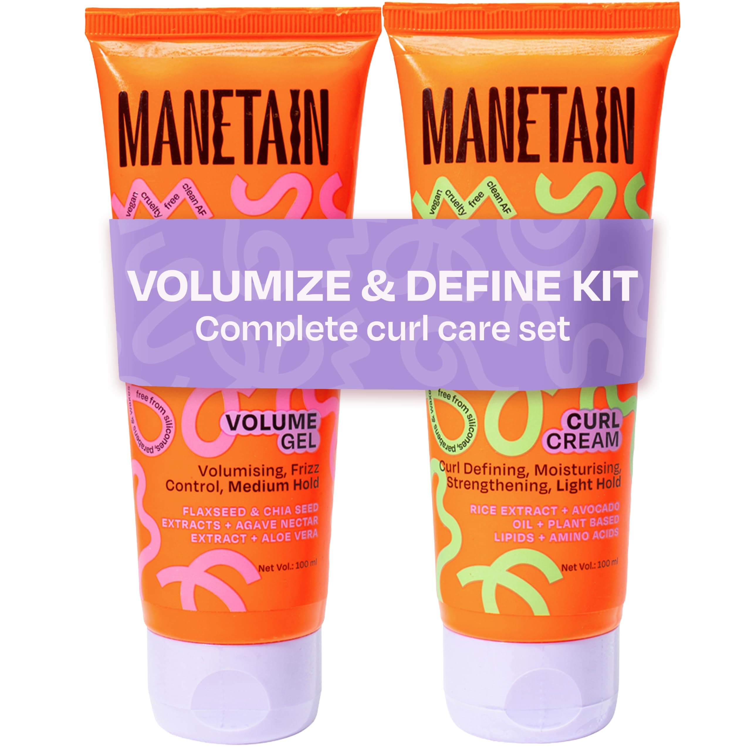 MANETAIN Volumizing Curl Cream 100ml & Hair Styling Gel 100ml for Defined Curls | Hydrating, Anti-Frizz & Long-Lasting Hold for Wavy, Curly Hair | Natural Ingredients, Vegan & Cruelty-Free