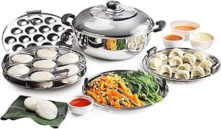Cello Stainless Steel Induction Base Idli Cooker and Multi Kadhai Set of 6, Silver, 5 Liter | Compatible with Gas Stove & Induction | Ideal for Dhokla, Patra, Idli and Momos