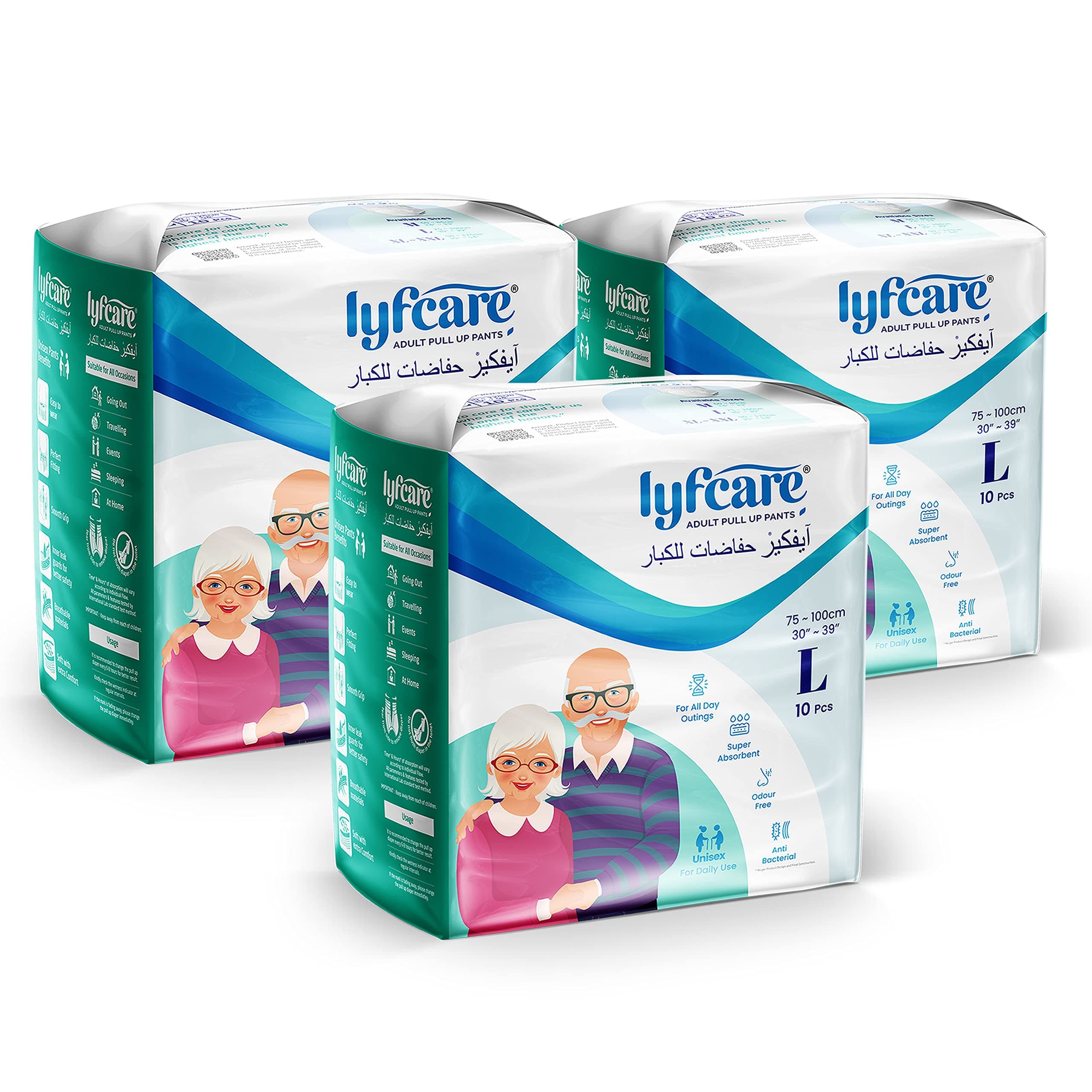 Lyfcare Adult Diapers Large Size (L) - 30 Units (Pack of 3) | Unisex Diapers Pants Style | Waist (75-100 cm) | Wetness Indicator, Super Absorb, 360° Protection & 0% Leakage | For Men & Women