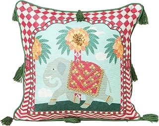 Chumbak Royal Tusker Cushion Cover, 16" Green Palace Memoirs Collection, Decorative Cushion Cover Sofa Living Room Decor, Handcrafted Festive Gift & Home Décor