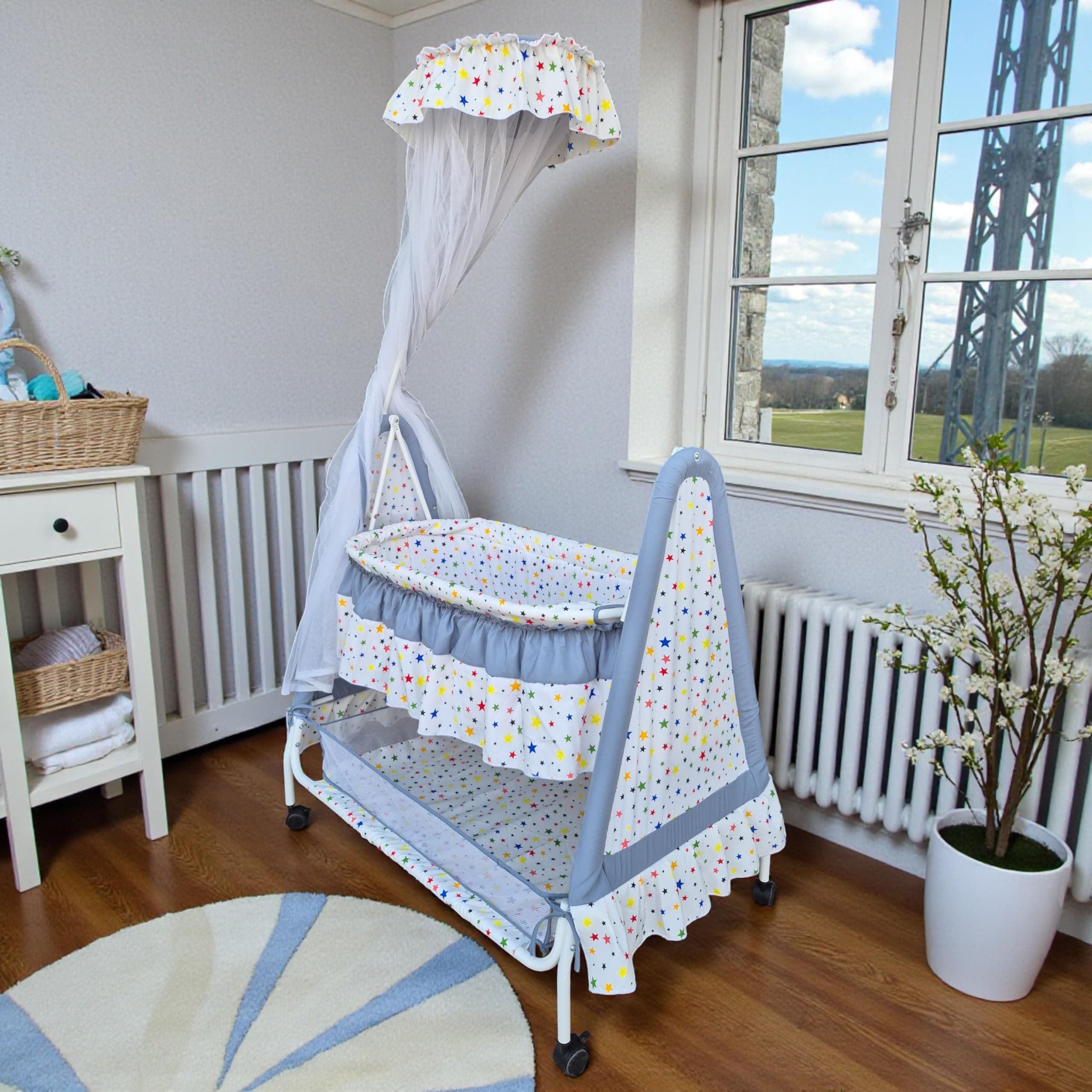 Kiddery Astra | Cradle for Baby | New Improved Mattress Design | Mosquito Protection Net | Smooth Swing | All Wheel Lock | Palna | Jhula | Uyyala | 0-10 Months | Grey