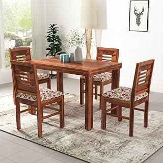 VK Furniture Sheesham Solid Wood 4 Seater Dining Table Set of Four with 4 Print Cushion Chairs for Dinner Hall Kitchen Living Room Home Office Restaurant |L45 X W30 X H30|Natural Finish 01