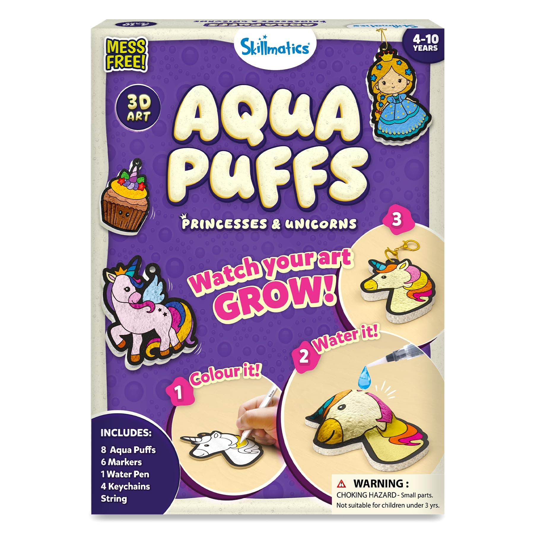 Skillmatics Aqua Puffs - 3D Art Kit, Princesses & Unicorns, Mess-Free Painting Craft for Kids, DIY Colour & Inflate Activity, Travel Toys & Creative Gifts for Girls & Boys Ages 4, 5, 6, 7, 8, 9, 10