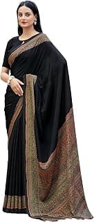 INDONIQ Fashion Women’s Pure Italian Silk Soft Black Color Plain Saree with Printed Border, Pallu & Blouse Piece, Saree for Wedding & Traditional Look (Unstitched Blouse Piece, 28401_C)