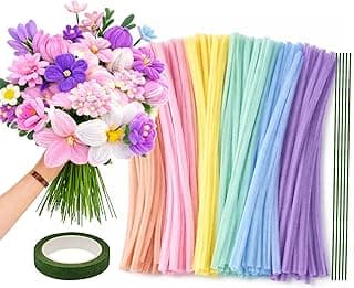 Asian Hobby Crafts 100 Pcs Pastel Multicolor Pipe Cleaners for Craft Flowers With Floral Green Tape & Wire – Fuzzy Chenille Stems & Fluffy Sticks for DIY Arts & Crafts, Creative School Projects & Craft Supplies, Home & Party Decor