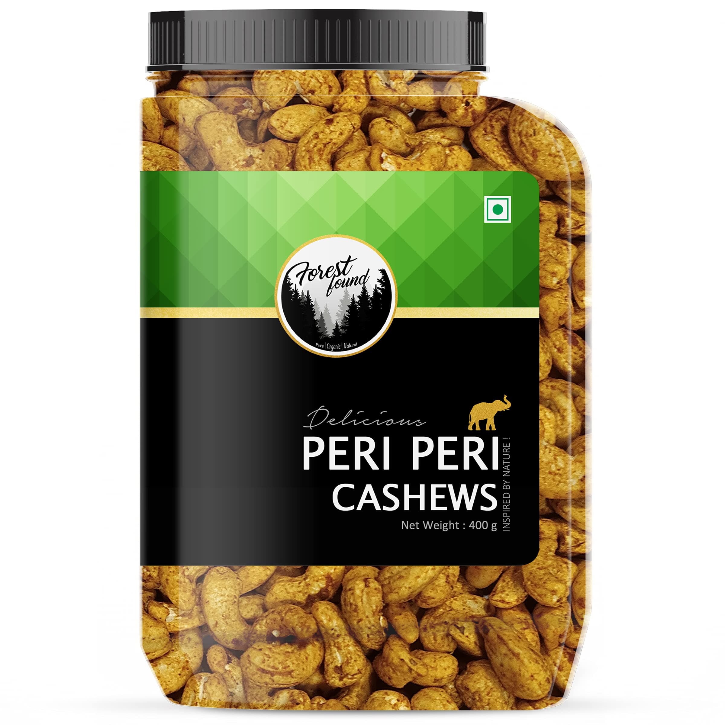 Forest Found Peri Peri Roasted Cashews 400g Spicy Oven Roasted Whole Kaju | 100% Oil-Free & Dry Healthy Crunchy Vegan Snack | Gluten-Free Non-Fried Peri Peri Cashew Nuts