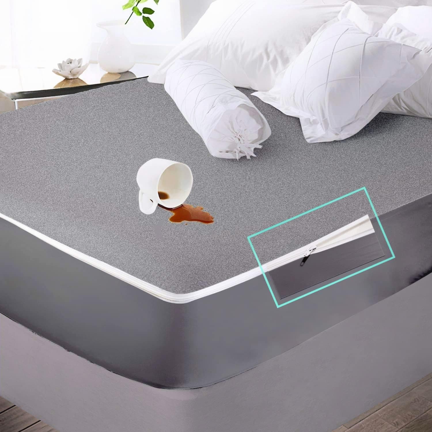 Trance Home Linen Zippered Chain 78"x72"x 8" Cotton Waterproof Mattress Protector | Dust Mite Proof, Bed Bug Protection Mattress Cover for King Bed Size with 8 inch Thick (78x72x8 inch, Grey)