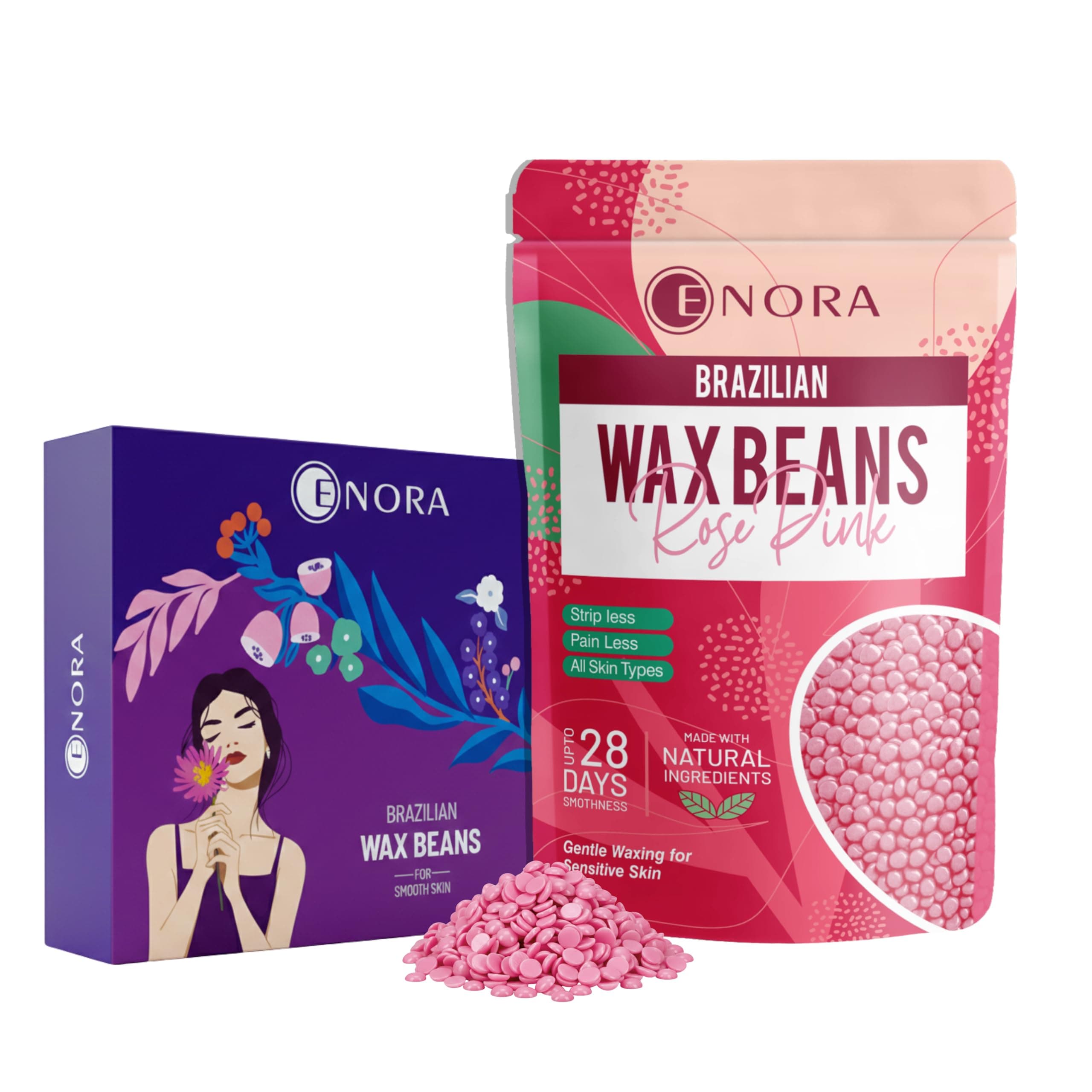 ENORA Brazilian Stripless Wax Beans for Women (350g) | With Wooden Spatula | Natural | For Face, Chin, Hairline, Bikini Area & Full Body Hair Removal (350 Gram, Rose Pink)