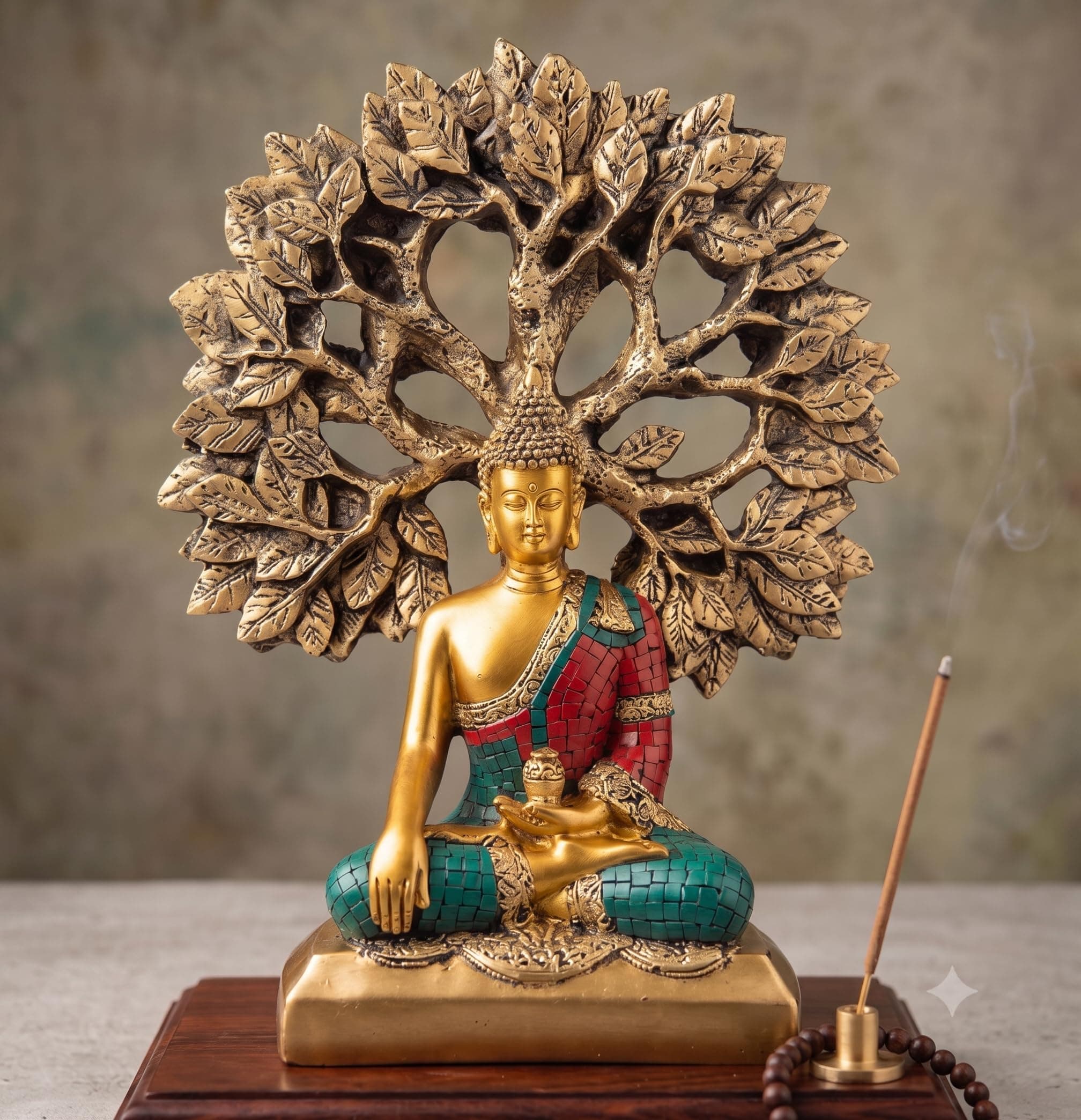 Shri balaji craft Meditating Buddha Statue Under Bodhi Tree for Home Decor - Golden Gautama Buddha Figurine for Living Room, Office & Vastu (Golden, Red, Blue)