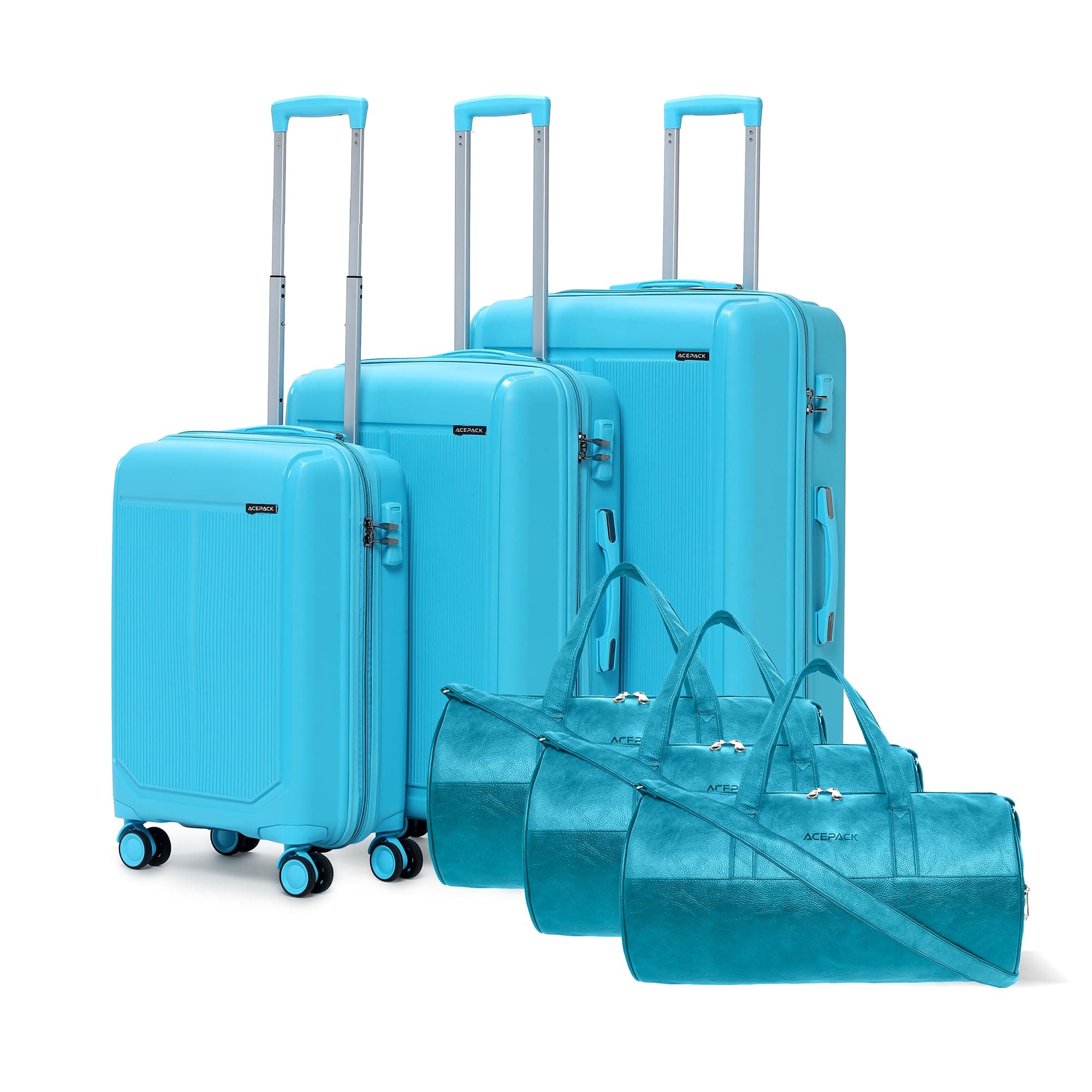 VLITE Megatron 6-Piece Family Set – 3 Duffle Bags + 3 Trolley Suitcases, Unbreakable Polypropylene Luggage, 8 Spinner Wheels, Built-in Number Lock, 3-Year Warranty (Set of 6 with Duffels, Teal)