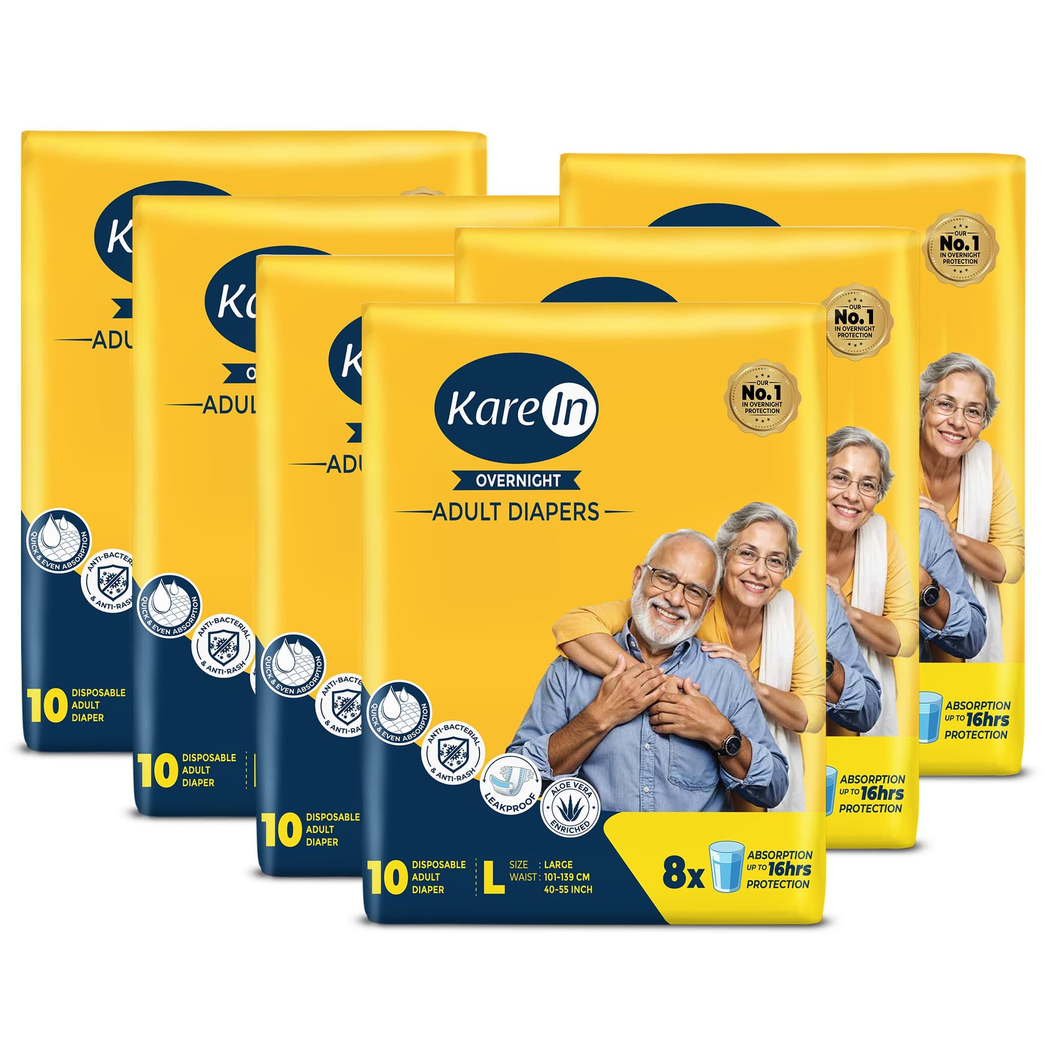 KareIn Overnight Adult Diaper Tape L Size, Large, Waist (101-139 cm 40'-55'), 60 Unit, Long Protection Hour, Unisex, Quick & Even Absorption, Aloe Vera, Leakproof, Odour Control, Wetness Indicator