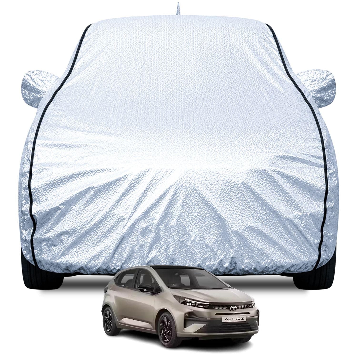 FABTEC Waterproof Car Body Cover for Tata Altroz with Mirror and Front Antenna Pocket, Soft Cotton Lining, Triple Stitched (Heat Resistant Metallic Silver with Black Piping)