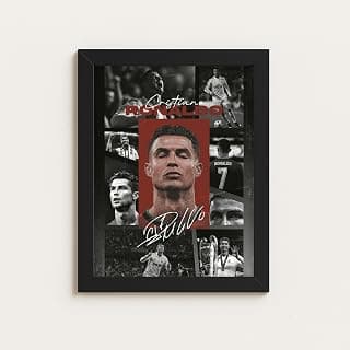 Ronaldo Framed Wall Art Poster - Football Legend Career Collage Canvas Print - Premium Soccer Sports Memorabilia Decor - Framed Inspirational Art for Office, Bedroom, or Man Cave - Black Frame, 5x7 Inch