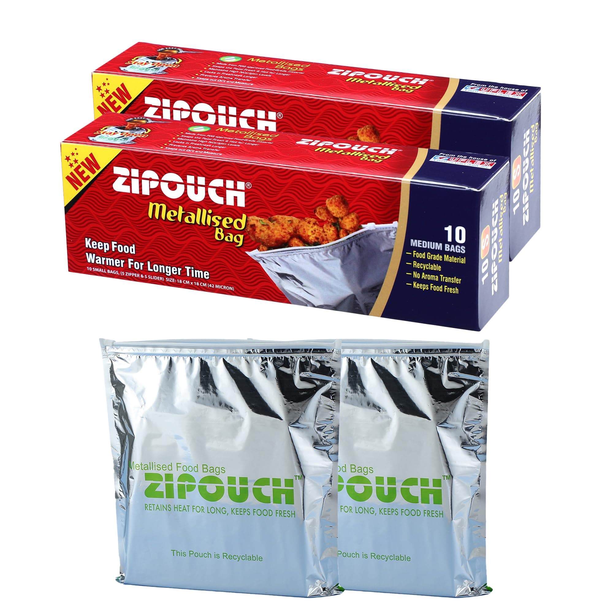 Zipouch Metallised Foil sealed bags |Pack of 2 (10 Each) - Reusable Zip Lock Bag for Fridge & Freezer | Aluminum Zip lock Bag | Foil Fresh Keeping Pouches & Microwave safe|Size: Medium (28X26 cm)