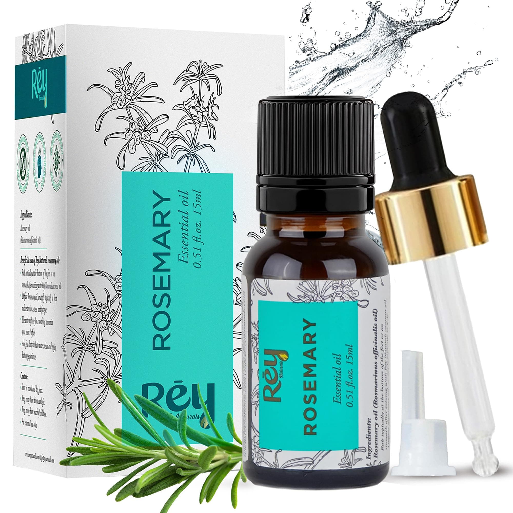 Rey Naturals Rosemary Essential Oil with Dropper Cap - Hair Growth & Dandruff, 15ml