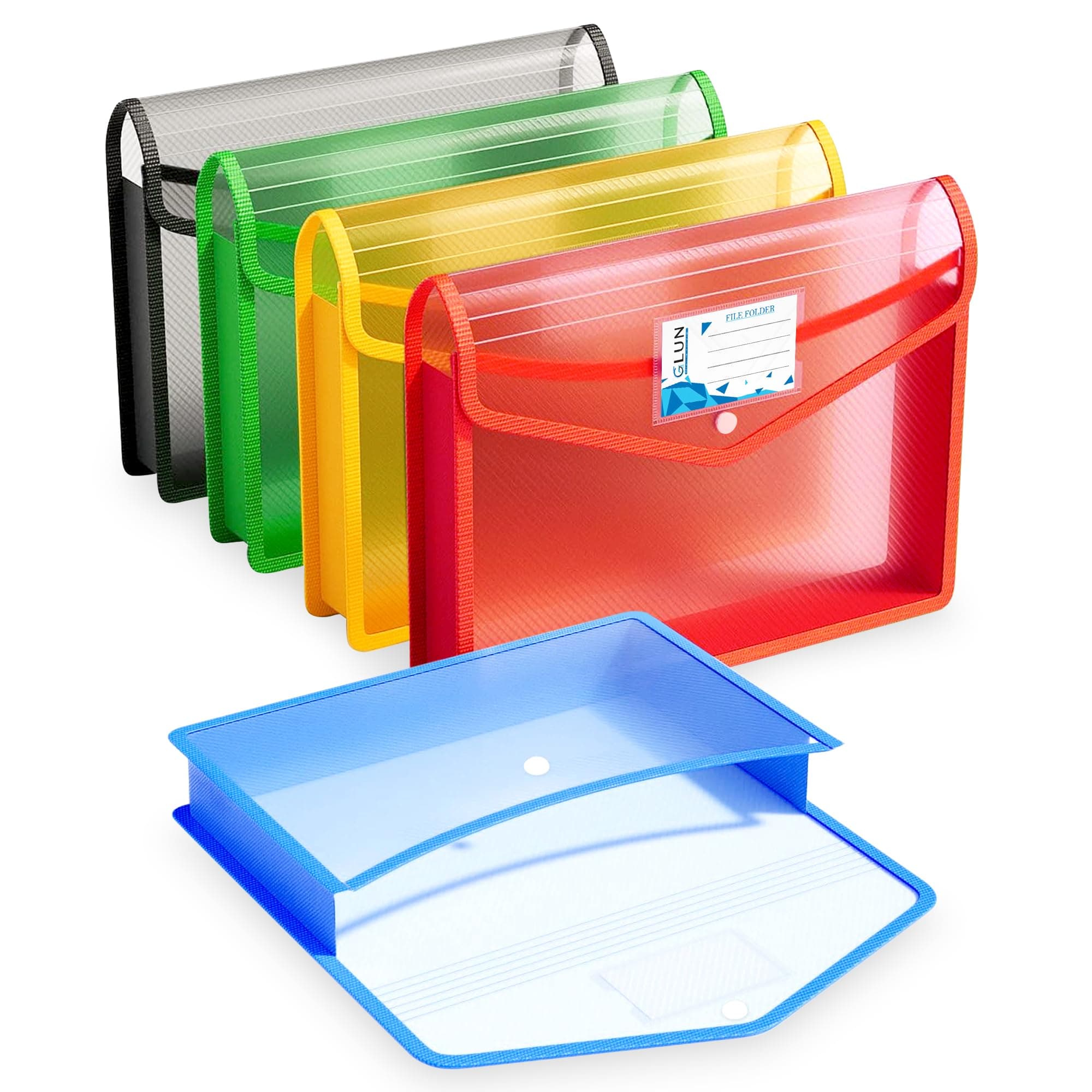GLUN® Pack 5 File Folder A4 Bag Multicolour Cover with Strong Stitch with Handle, Documents File Storage Bag with Snap Button