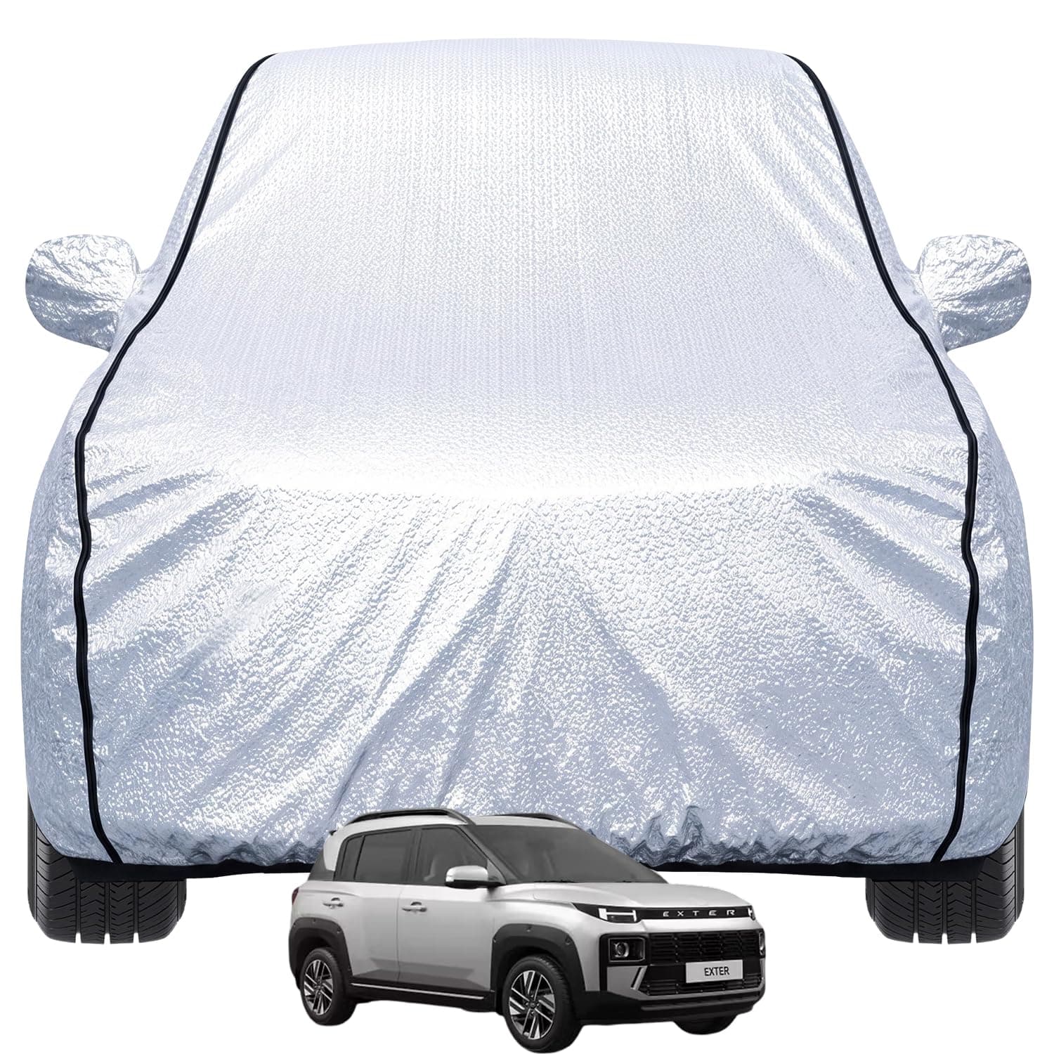 Pivalo Car Cover for Hyundai Exter All Model & Years (2023-2026) 100% Waterproof with Mirror Pockets, Triple Stitched Bottom Elastic Dustproof Full Body Protection (Heat & UV Resistant, Silver)