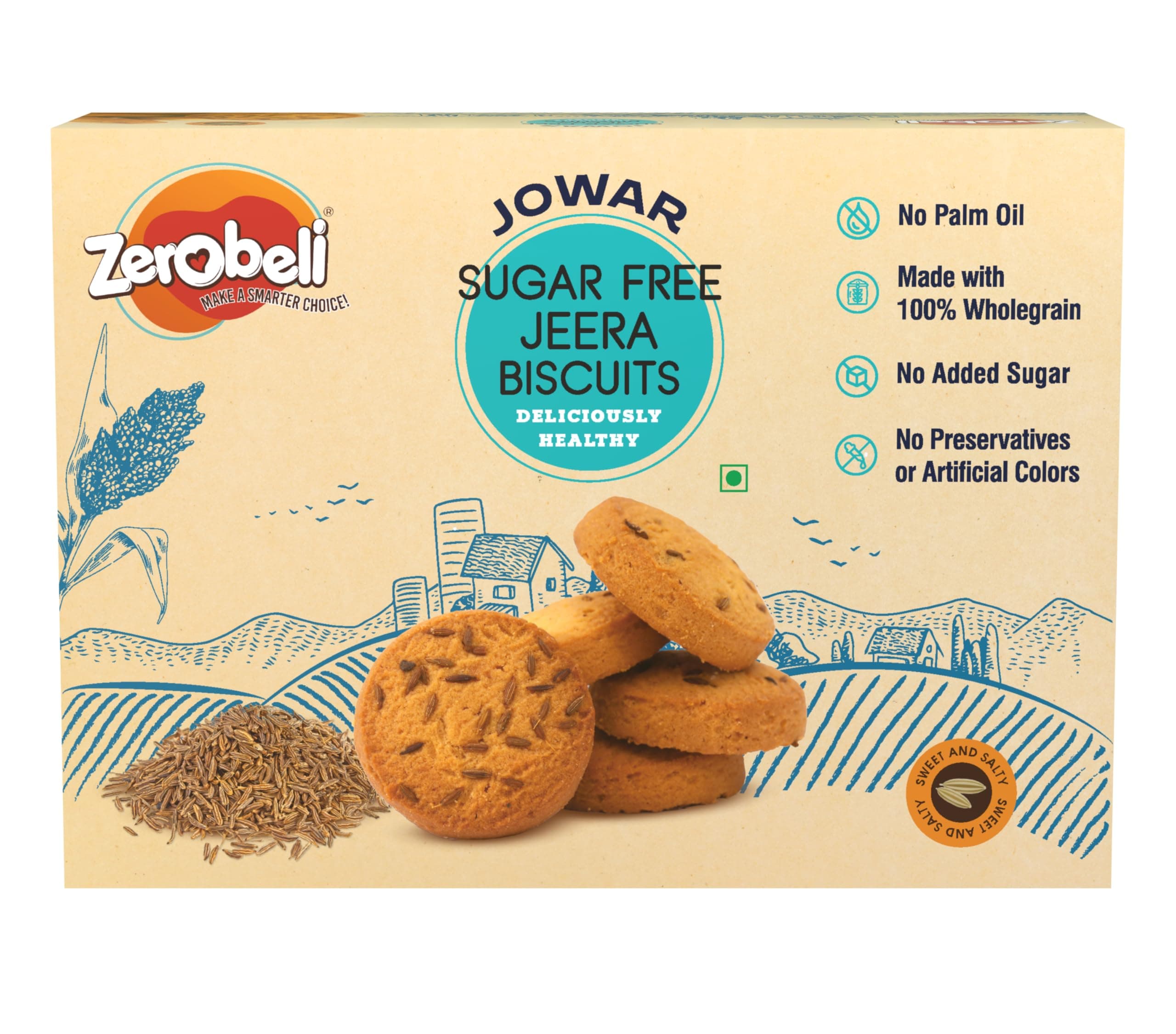 Zerobeli Sugar Free Jowar Jeera Biscuits - 375g | Guilt-Free | Perfect Blend of Nutrition | Ideal for Health-Conscious Consumers | 100% Wholegrain I No Refined Sugar | Diabetic Snacks | No Palm Oil
