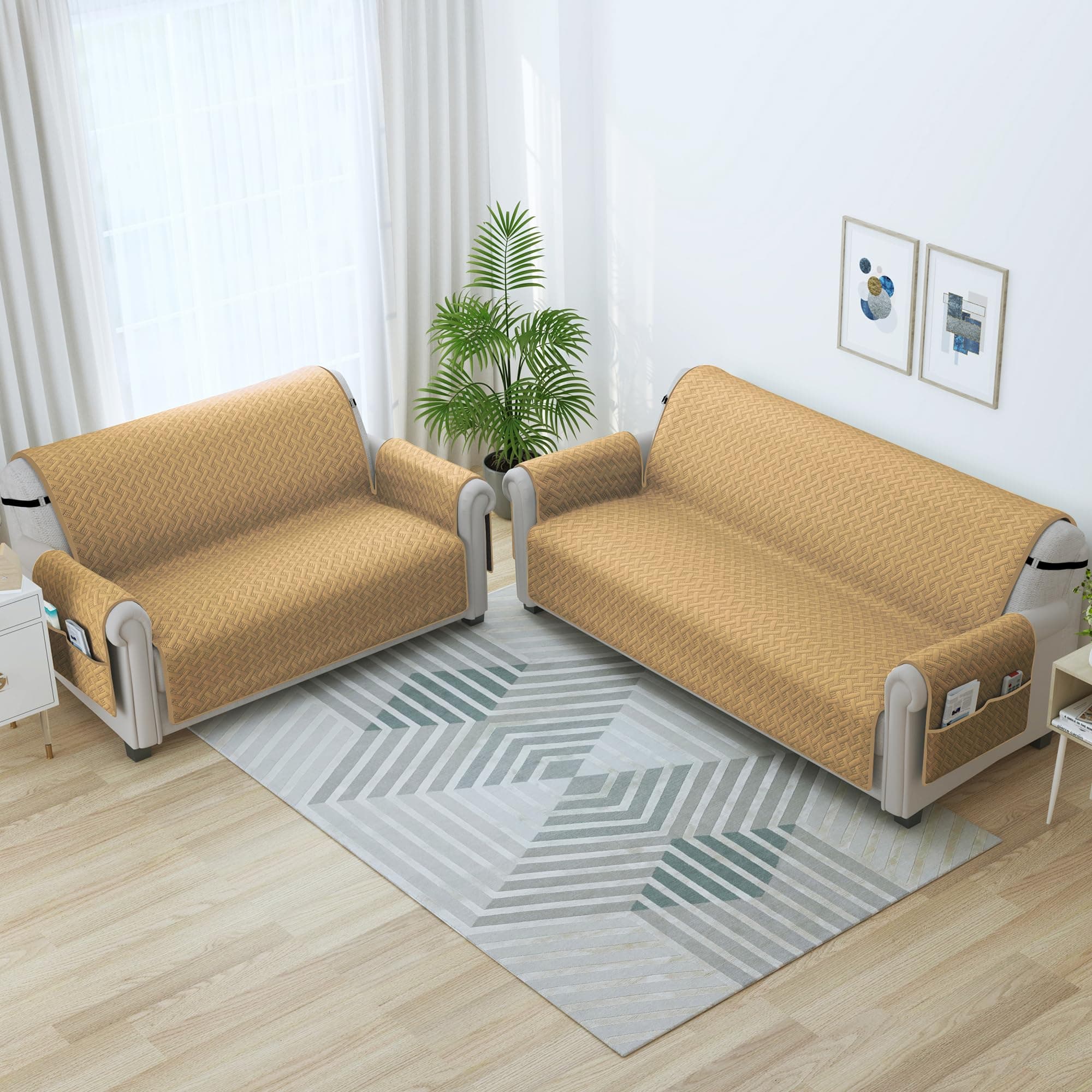 Story@Home Quilted Sofa Covers 3 Seater and 2 Seater| Sofa Cover 5 Seater Fully Covered with Pockets|Microfiber Sofa Cover 5 Seater Set| Sofa Cover 3 seater Fully Covered & Sofa Cover 2 Seater | Beige