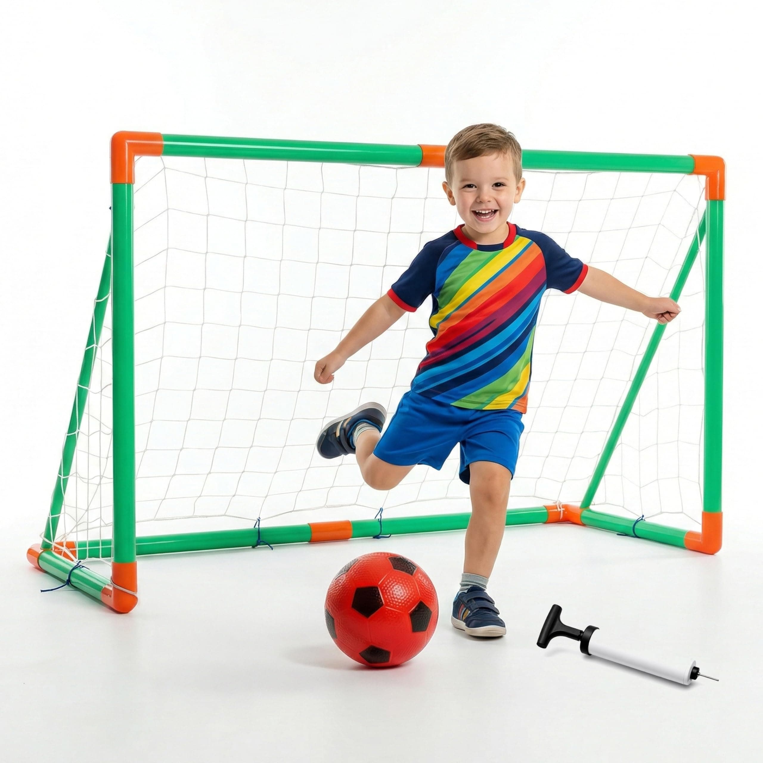 Kidsmate Kids Football Goal Set with Ball & Pump | Sturdy Build Mini Football Net, Easy Setup Indoor & Outdoor Beginner Sports Practice | Perfect for Training & Fun Playtime - Green,Orange