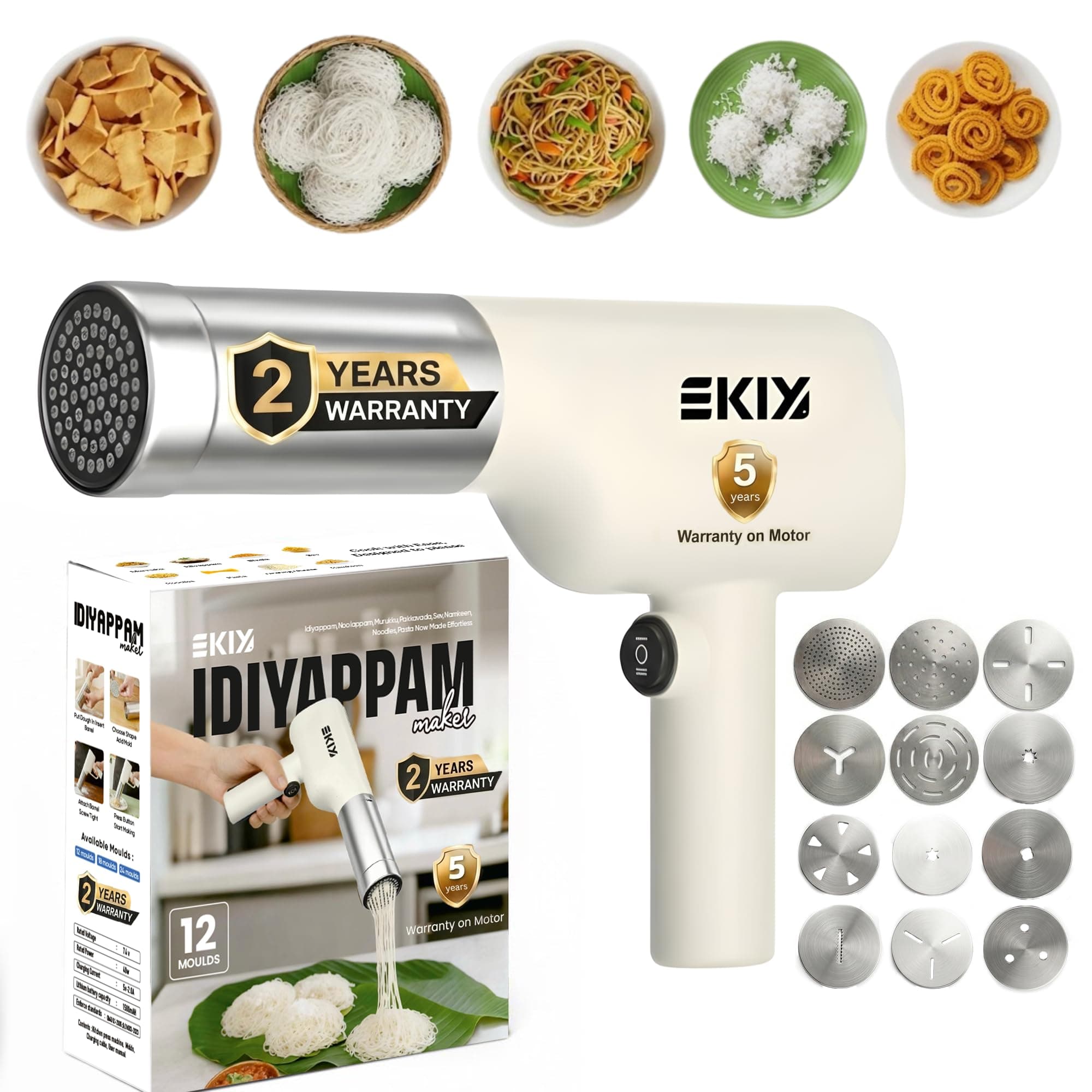 EKIY Electric 12 Mould Stainless Steel Idiyappam,Noolappam,Muruke,Noodles,Pasta Maker Machine | 50Watts Power|50 Times for Full Charge| 1500Mah Type-C Cordless |Wireless Portable (12 Mould White)