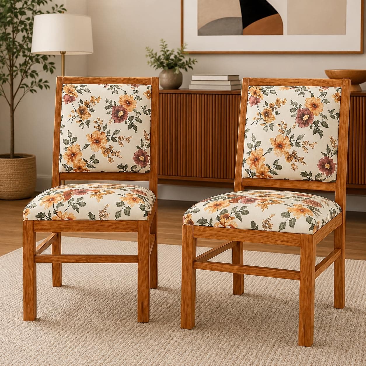 KENDALWOOD Furniture | Solid Sheesham Wood Dining, Study Chair | Multipurpose Chair Set of 2 | Finish:- Honey Finish with Flower Printed Cushions | Pre-Assembled | 1 Year Warranty |