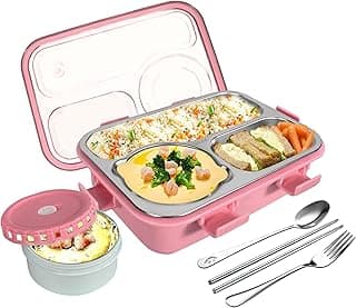 TEC TAVAKKAL Lunch Box 3 Compartment Leak-Proof BPA Free Stainless Steel, Lunch Box for Kids, Lunch Box for School & Office with a Fork, a Spoon and a Pair of Chopsticks (Pink), 750 ml