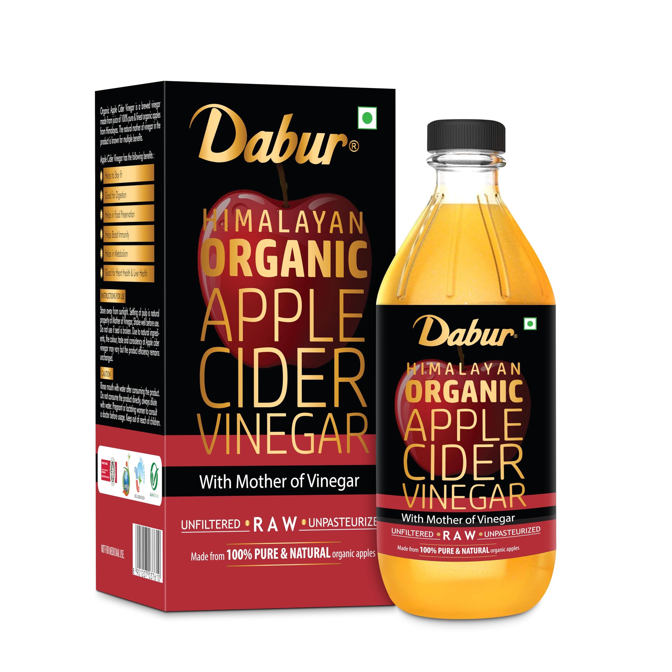 Dabur Himalayan Organic Apple Cider Vinegar with Mother of Vinegar |100% Pure| USDA Organic Certified |Raw, Unfiltered and Unpasteurized|Helps Weight loss & Boost Immunity - 500 ml