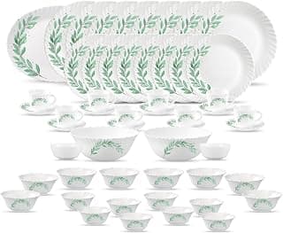 La Opala Classique Opalware Dinner Set, 53 Pcs, Family of 8, Olive Trails | Microwave & Dishwasher Safe, Bone-Ash Free, Crockery Set for Dining & Gifting, Break-Resistant, Lightweight, Made in India