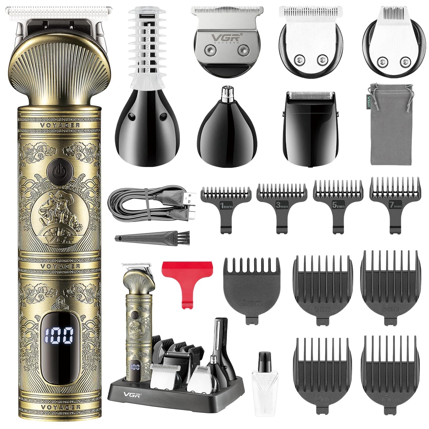 VGR V-106 Professional 6-in-1 Men’s Grooming Kit, Includes Hair Clipper, Shaver, Nose & Body Groomer, 180-Min Runtime, 1200mAh Lithium Battery, USB Fast Charging, Travel Lock, Led Display (Gold)
