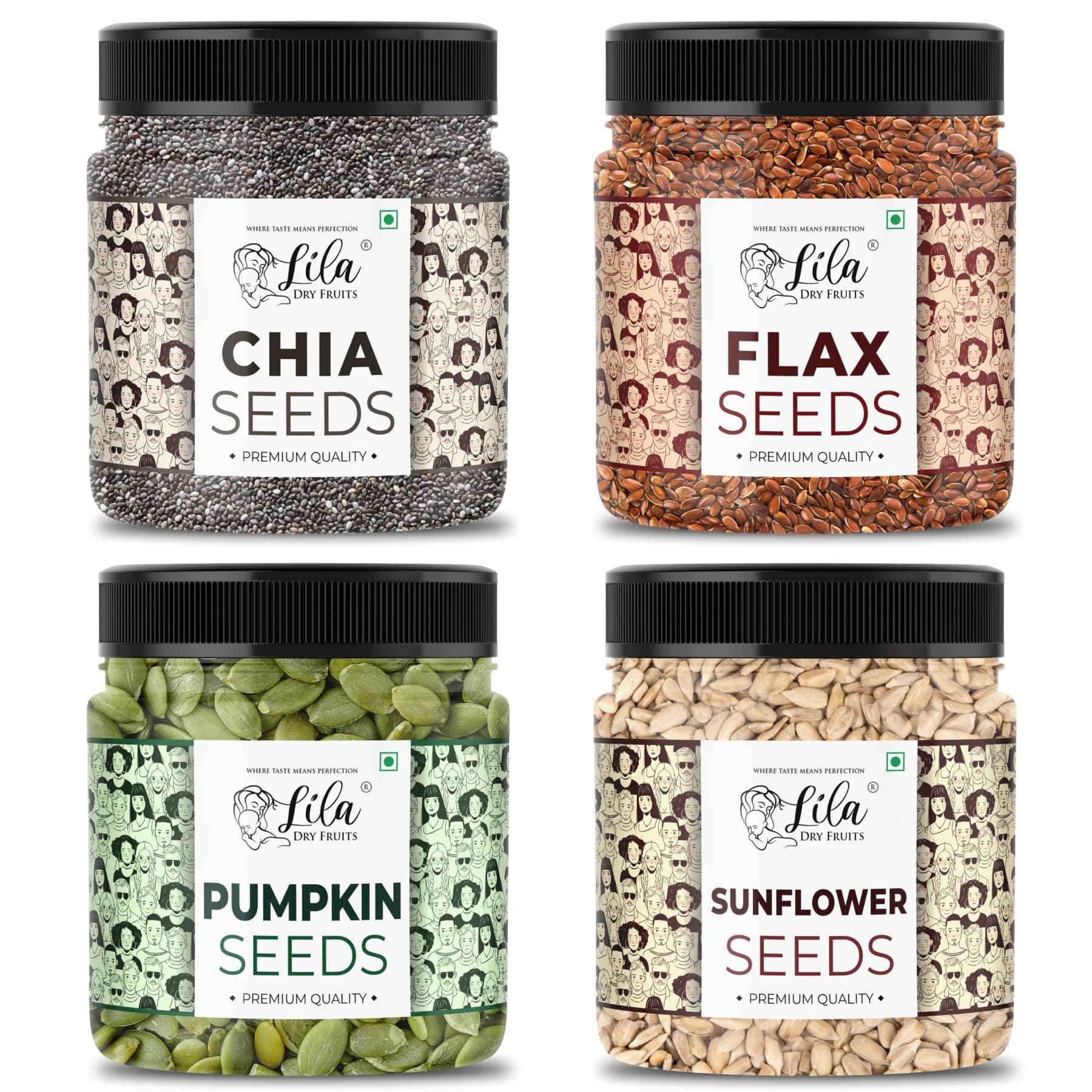 LILA DRY FRUITS 4 Superseed Combo (Chia, Pumpkin, Sunflower & Flax) 500gms each (2kgs total) | Immunity combo for Weight Loss | Mix Seeds for Eating | Diet Snacks Superfood Perfect for Gifting
