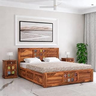 SONA ART & CRAFTS Taurus Sheesham Wood King Size Bed with Storage Box | Solid King Size Cot Rajasthani Jodhpuri Tile Double Bed with Box for Home - Natural Finish (Assembly Included)
