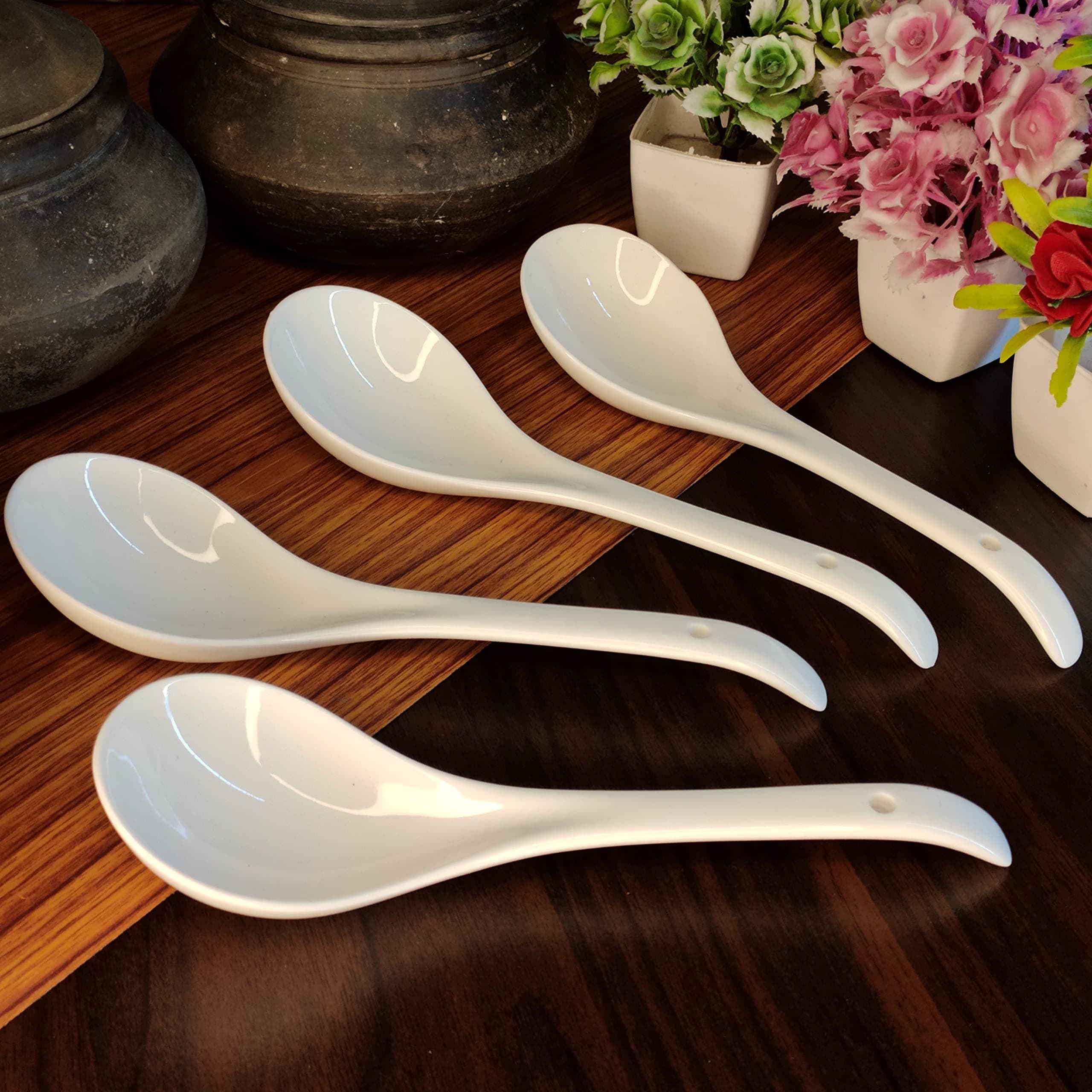 Vemlons Serving Spoon, Ceramic Serving Spoon Set of 4 Long Handled Serving Spoons Ceramic Tableware Set of 4 Piece Serving Spoons ,25 Cm