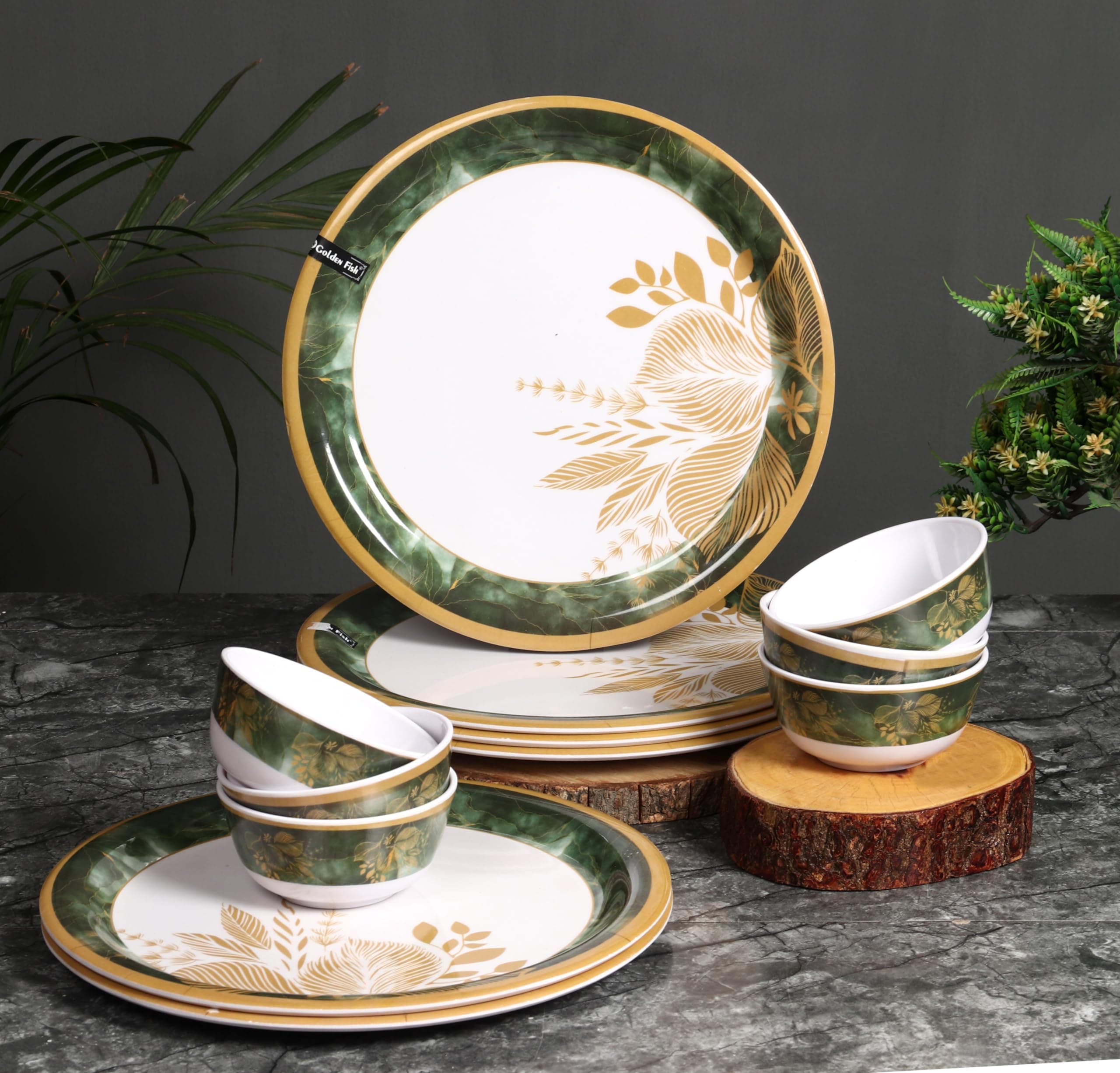 Golden Fish Melamine Round Multicolor Full Size Dinner Plate || Veg. Bowl Floral Printed Dinner Plates (Set of 12) Dishwasher Safe, Bone-Ash Free, Crockery Set for Dining & Gifting, Plates & Bowls