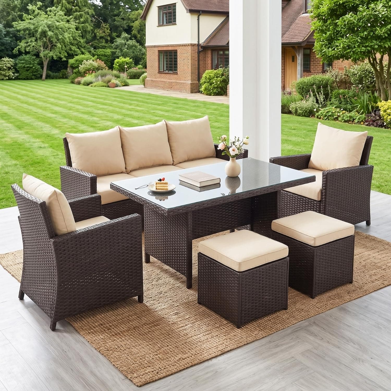 DEVOKO Outdoor 7-Seater Patio Dining Set Sofa with Glass Top Table & Water-Resistant Cushions, Strong Metal Frame for Garden, Porch, Terrace(Dark Brown & Cream)