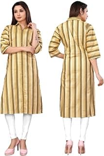 Generic New Fancy Bollywood Design Trendy Women's Cotton Printed Solid V-Neck Collar Roll-Up 3/4 Sleeve Women Striped, Printed Cotton Straight Kurta