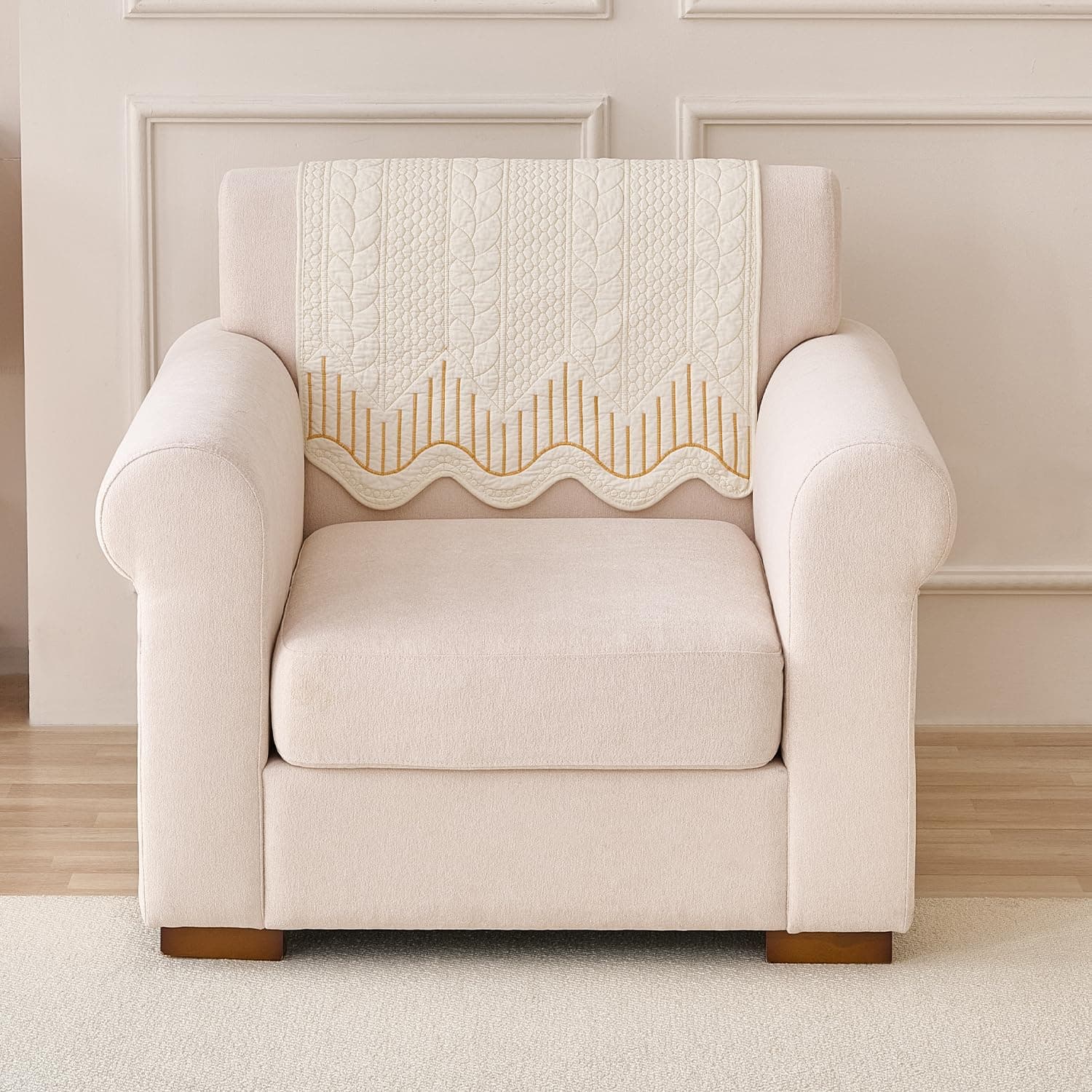 HOKIPO 'Cotton Reverie' 100% Cotton Anti-Slip Backrest Cover for Sofa, Stylish Curved Wavy Design, 1 Pc, Golden Cream Bloom (AR-6257-OR*1S)