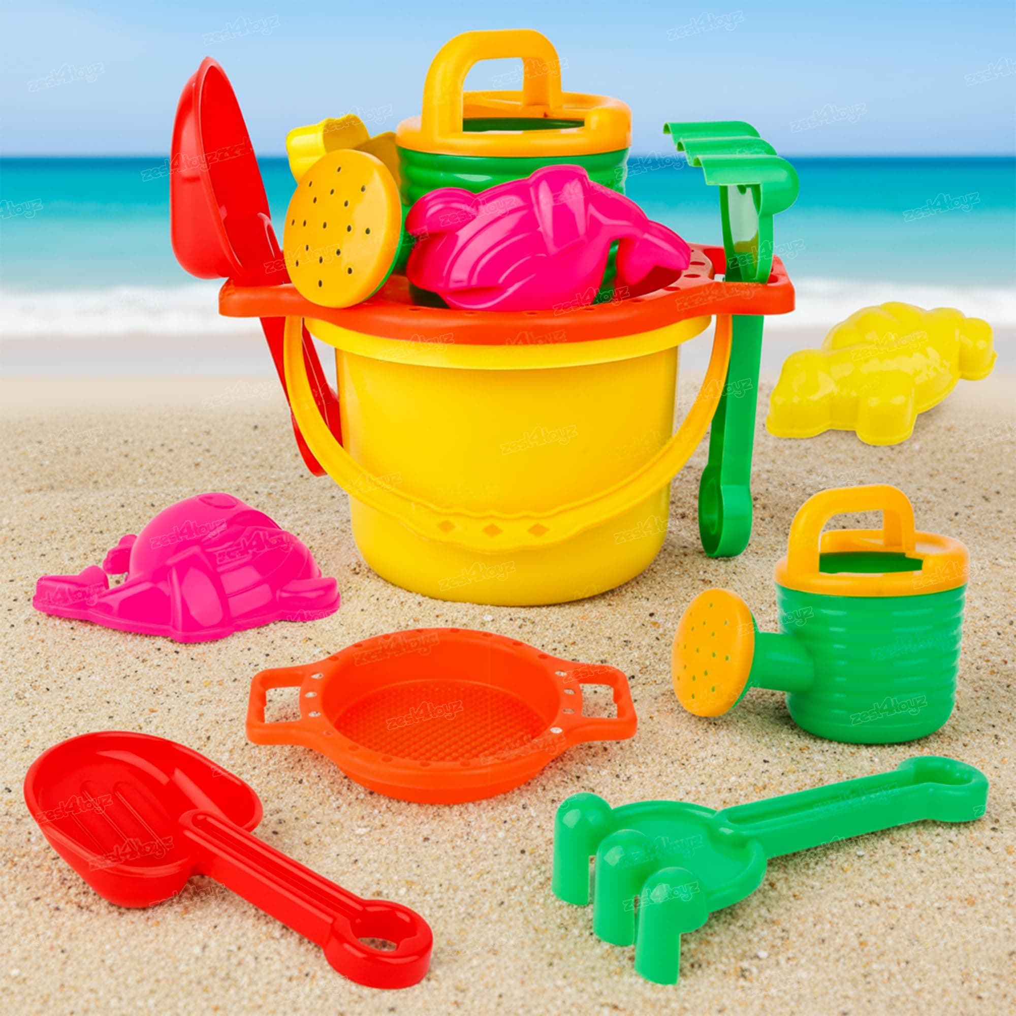 Zest 4 Toyz Beach Toy for Kids | 7 pcs Sand Bucket, Spade, Rake, Watering Can, Moulds & Sifter | Outdoor Garden & Beach Play Toy Kit for Boys & Girls Age 3+ (Random Color)