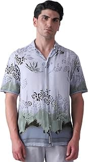 MUFTI Men Casual Shirt | Relaxed Fit Half Sleeve Cuban Collar Tropical Print | 100% Viscose Lightweight Fabric for Beachwear, Vacation & Summer Outings