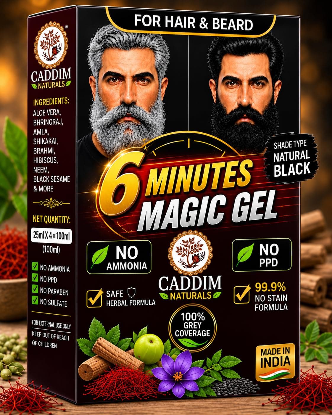 CADDIM NATURALS 6 Minutes Magic Gel | Black Hair & Beard Colour| 100ML | Ammonia Free | No PPD | Paraben Free | Herbal Extracts | Quick Grey Coverage | Smooth & Shiny Hair | For Men & Women