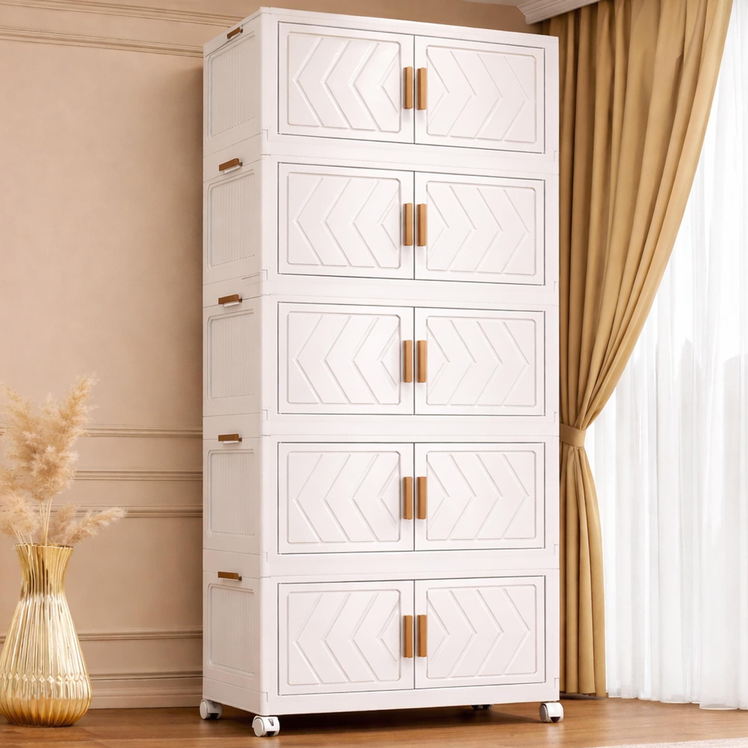 AYSIS 𝟓 𝐓𝐈𝐄𝐑 Plastic Wardrobe for Kids Clothes with Wheels | Multipurpose Collapsible Wardrobe Storage Almirah Wardrobe for Clothes, Kitchen Cupboard | Plastic Cupboard for Kids for Home - Ivory
